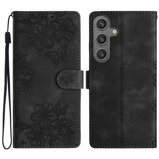 For Samsung Galaxy S25 5G Cherry Blossom Butterfly Skin Feel Embossed PU Phone Case(Black) by buy2fix