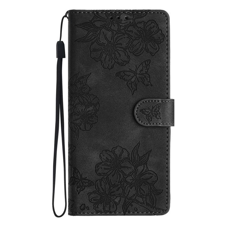 For Samsung Galaxy S25 5G Cherry Blossom Butterfly Skin Feel Embossed PU Phone Case(Black) by buy2fix