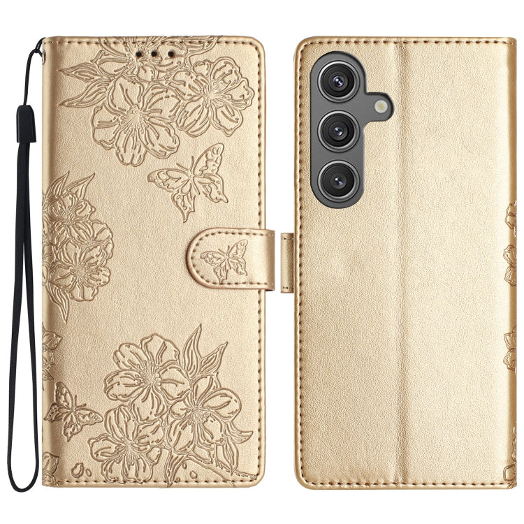 For Samsung Galaxy S25 5G Cherry Blossom Butterfly Skin Feel Embossed PU Phone Case(Gold) by buy2fix