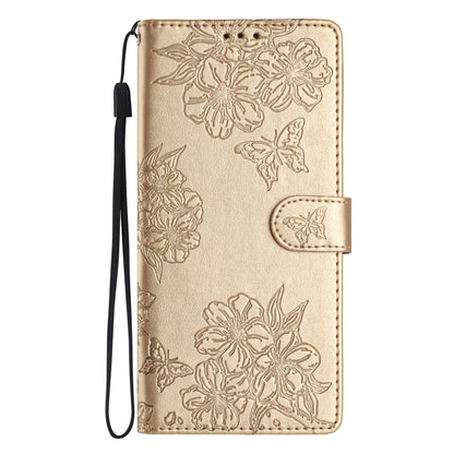 For Samsung Galaxy S25 5G Cherry Blossom Butterfly Skin Feel Embossed PU Phone Case(Gold) by buy2fix