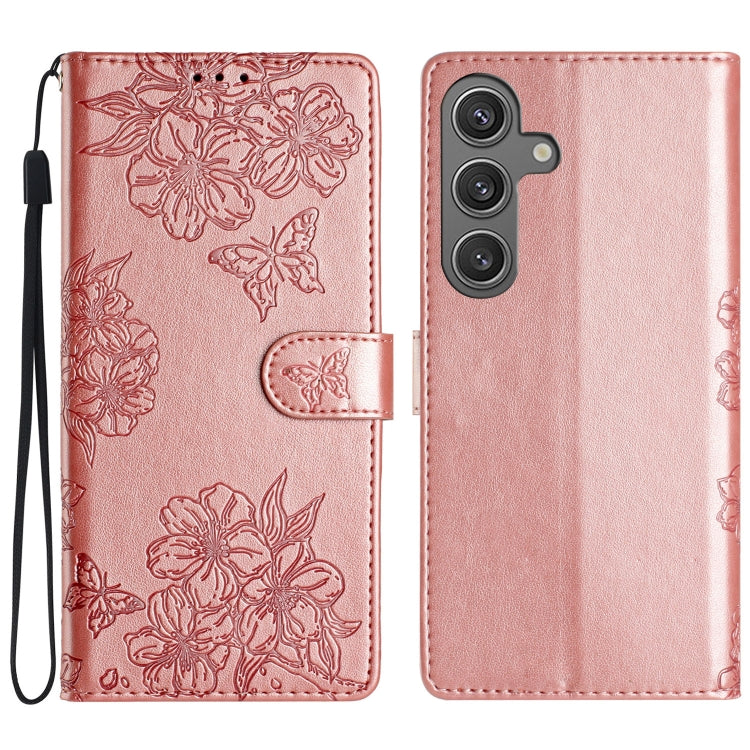 For Samsung Galaxy S25 5G Cherry Blossom Butterfly Skin Feel Embossed PU Phone Case(Rose Gold) by buy2fix