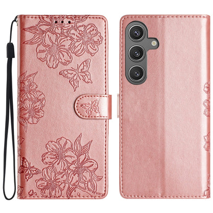 For Samsung Galaxy S25 5G Cherry Blossom Butterfly Skin Feel Embossed PU Phone Case(Rose Gold) by buy2fix