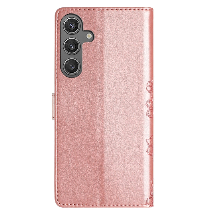 For Samsung Galaxy S25 5G Cherry Blossom Butterfly Skin Feel Embossed PU Phone Case(Rose Gold) by buy2fix