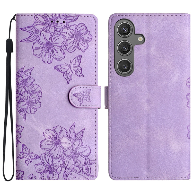For Samsung Galaxy S25+ 5G Cherry Blossom Butterfly Skin Feel Embossed PU Phone Case(Purple) by buy2fix