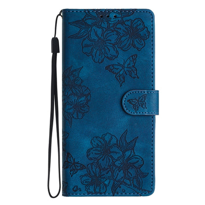 For Samsung Galaxy S25+ 5G Cherry Blossom Butterfly Skin Feel Embossed PU Phone Case(Blue) by buy2fix