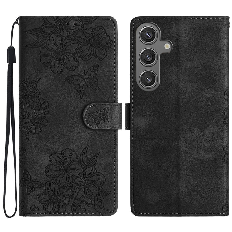 For Samsung Galaxy S25+ 5G Cherry Blossom Butterfly Skin Feel Embossed PU Phone Case(Black) by buy2fix