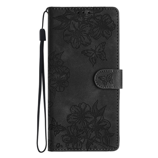 For Samsung Galaxy S25+ 5G Cherry Blossom Butterfly Skin Feel Embossed PU Phone Case(Black) by buy2fix