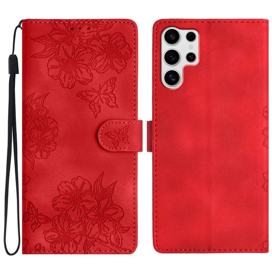 For Samsung Galaxy S25 Ultra 5G Cherry Blossom Butterfly Skin Feel Embossed PU Phone Case(Red) by buy2fix