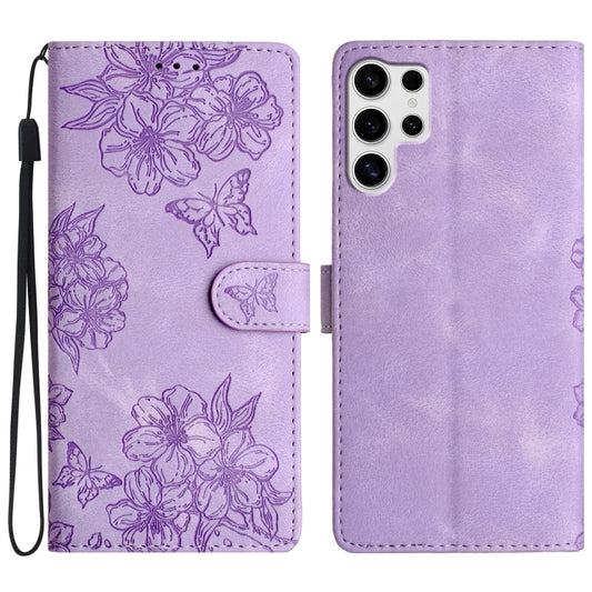 For Samsung Galaxy S25 Ultra 5G Cherry Blossom Butterfly Skin Feel Embossed PU Phone Case(Purple) by buy2fix