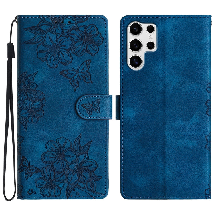For Samsung Galaxy S25 Ultra 5G Cherry Blossom Butterfly Skin Feel Embossed PU Phone Case(Blue) by buy2fix