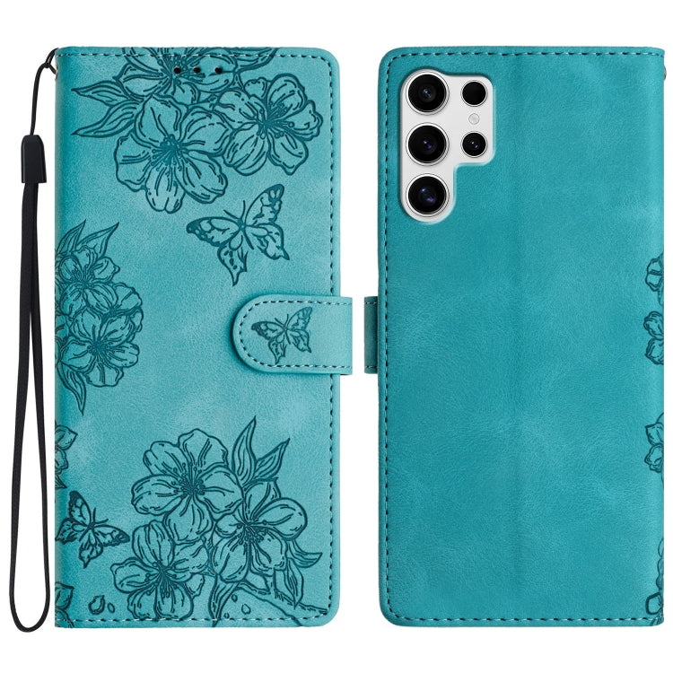 For Samsung Galaxy S25 Ultra 5G Cherry Blossom Butterfly Skin Feel Embossed PU Phone Case(Green) by buy2fix