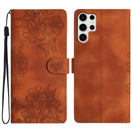 For Samsung Galaxy S25 Ultra 5G Cherry Blossom Butterfly Skin Feel Embossed PU Phone Case(Brown) by buy2fix