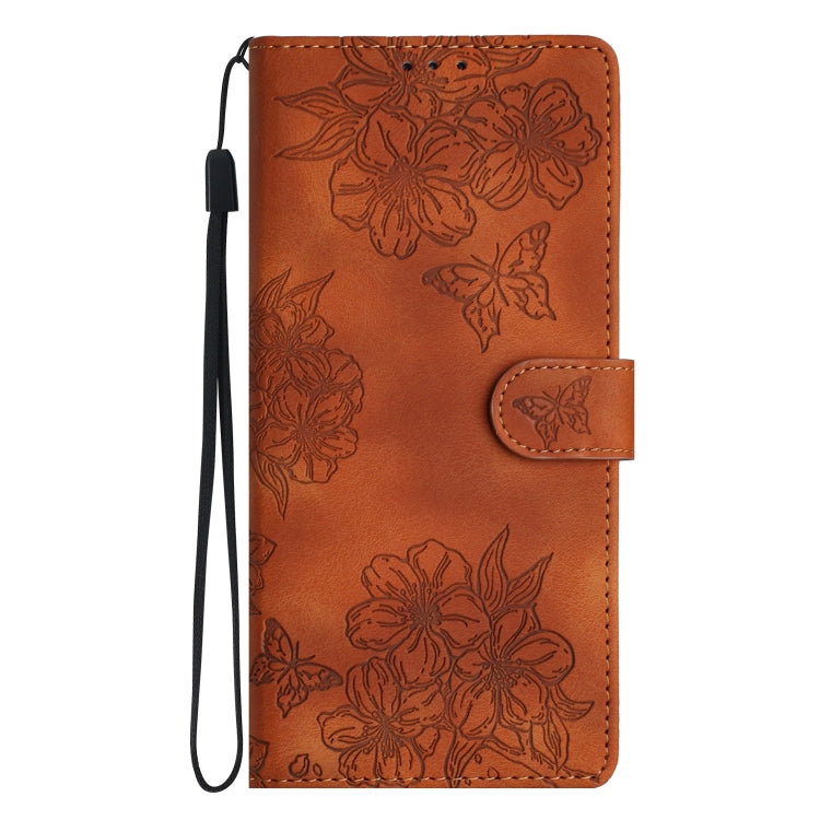 For Samsung Galaxy S25 Ultra 5G Cherry Blossom Butterfly Skin Feel Embossed PU Phone Case(Brown) by buy2fix