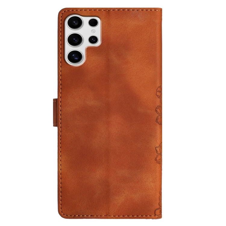 For Samsung Galaxy S25 Ultra 5G Cherry Blossom Butterfly Skin Feel Embossed PU Phone Case(Brown) by buy2fix