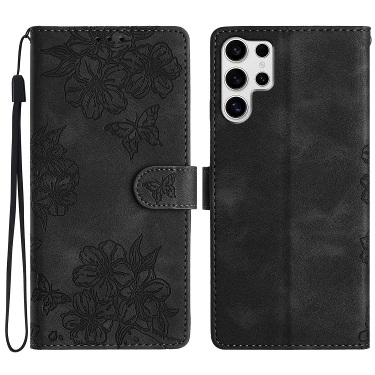 For Samsung Galaxy S25 Ultra 5G Cherry Blossom Butterfly Skin Feel Embossed PU Phone Case(Black) by buy2fix