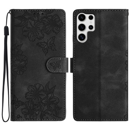 For Samsung Galaxy S25 Ultra 5G Cherry Blossom Butterfly Skin Feel Embossed PU Phone Case(Black) by buy2fix