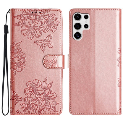 For Samsung Galaxy S25 Ultra 5G Cherry Blossom Butterfly Skin Feel Embossed PU Phone Case(Rose Gold) by buy2fix
