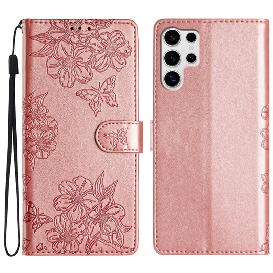 For Samsung Galaxy S25 Ultra 5G Cherry Blossom Butterfly Skin Feel Embossed PU Phone Case(Rose Gold) by buy2fix