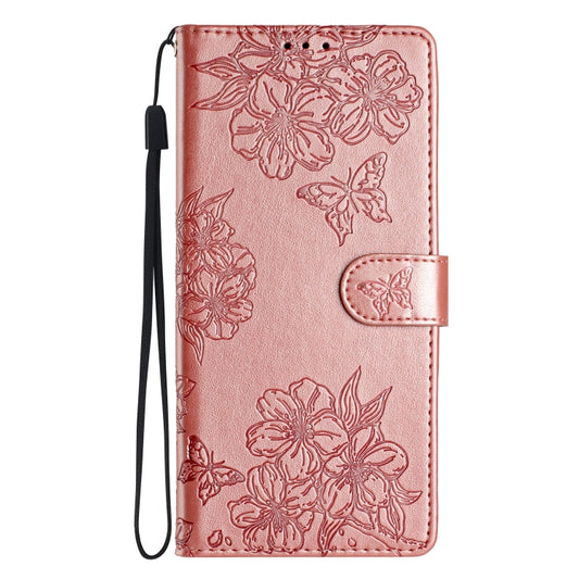 For Samsung Galaxy S25 Ultra 5G Cherry Blossom Butterfly Skin Feel Embossed PU Phone Case(Rose Gold) by buy2fix