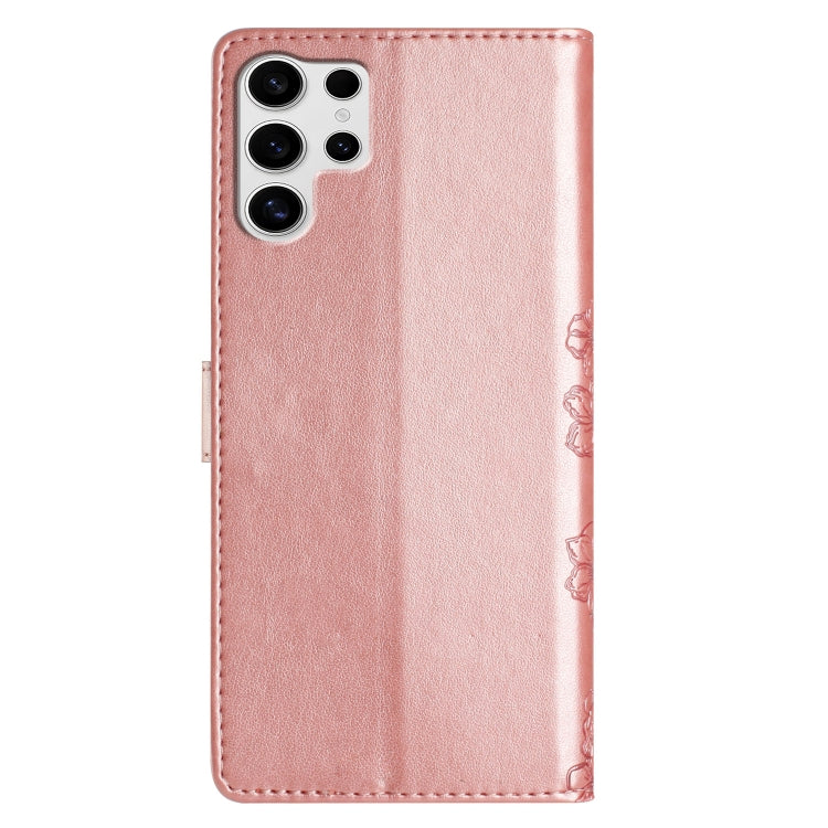 For Samsung Galaxy S25 Ultra 5G Cherry Blossom Butterfly Skin Feel Embossed PU Phone Case(Rose Gold) by buy2fix