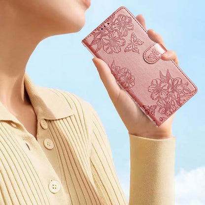 For Samsung Galaxy S25 Ultra 5G Cherry Blossom Butterfly Skin Feel Embossed PU Phone Case(Rose Gold) by buy2fix