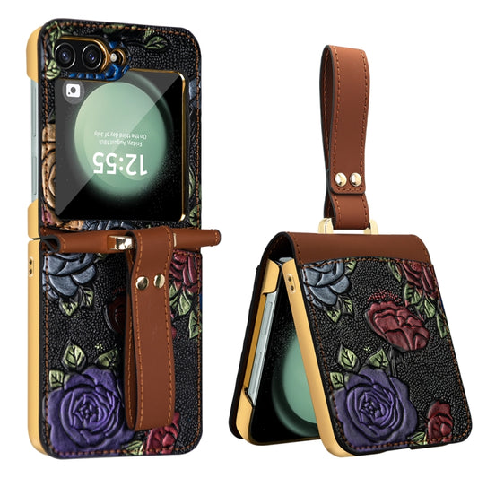 For Samsung Galaxy Z Flip5 VIETAO Integrated Embossed Pattern Full Coverage Phone Case with Wrist Strap(Brown) - Galaxy Z Flip5 Cases by VIETAO | Online Shopping UK | buy2fix
