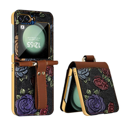 For Samsung Galaxy Z Flip6 VIETAO Integrated Embossed Pattern Full Coverage Phone Case with Wrist Strap(Brown) - Galaxy Z Fold6 5G Cases by VIETAO | Online Shopping UK | buy2fix