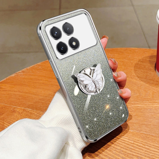 For Redmi K70 / K70 Pro Plated Gradient Glitter Butterfly Holder TPU Phone Case(Silver) - Xiaomi Cases by buy2fix | Online Shopping UK | buy2fix