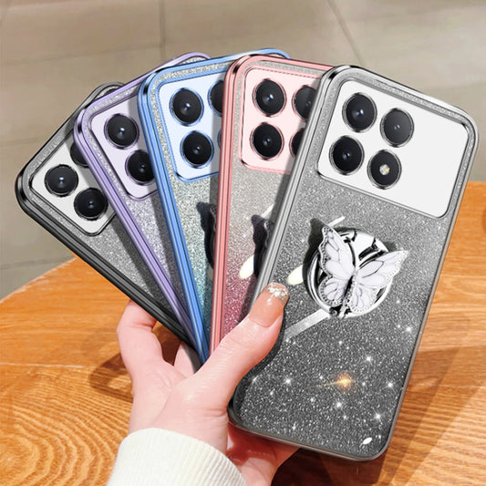 For Redmi K70 / K70 Pro Plated Gradient Glitter Butterfly Holder TPU Phone Case(Silver) - Xiaomi Cases by buy2fix | Online Shopping UK | buy2fix