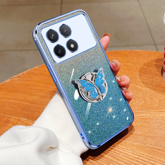 For Redmi K70 / K70 Pro Plated Gradient Glitter Butterfly Holder TPU Phone Case(Sierra Blue) - Xiaomi Cases by buy2fix | Online Shopping UK | buy2fix