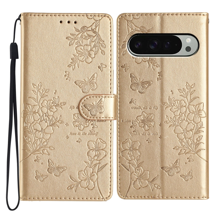 For Google Pixel 9 / 9 Pro Butterflies and Flowers Leather Phone Case(Gold) by buy2fix