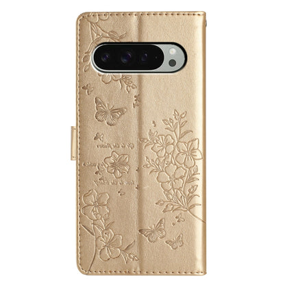 For Google Pixel 9 / 9 Pro Butterflies and Flowers Leather Phone Case(Gold) by buy2fix