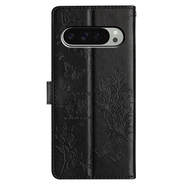 For Google Pixel 9 / 9 Pro Butterflies and Flowers Leather Phone Case(Black) by buy2fix