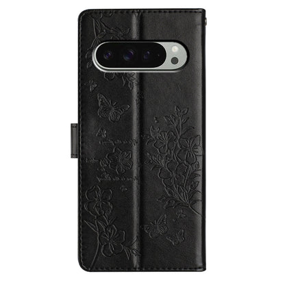 For Google Pixel 9 / 9 Pro Butterflies and Flowers Leather Phone Case(Black) by buy2fix