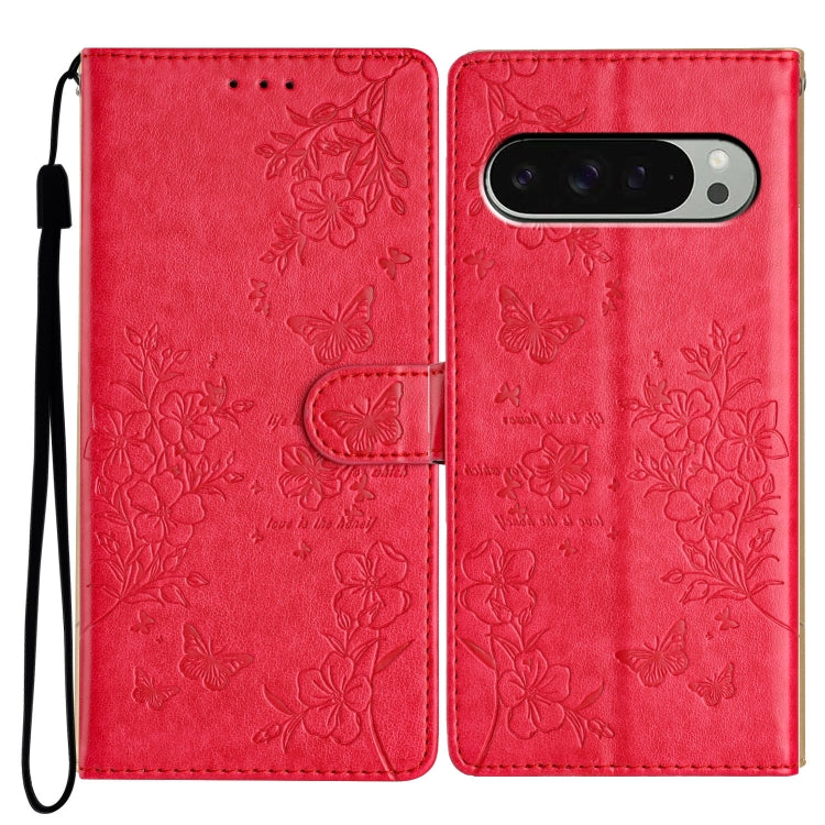 For Google Pixel 9 / 9 Pro Butterflies and Flowers Leather Phone Case(Red) by buy2fix