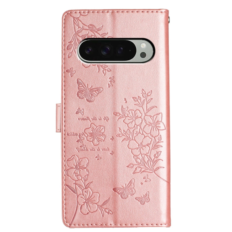For Google Pixel 9 / 9 Pro Butterflies and Flowers Leather Phone Case(Rose Gold) by buy2fix