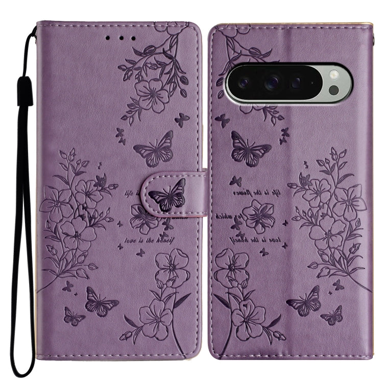 For Google Pixel 9 / 9 Pro Butterflies and Flowers Leather Phone Case(Purple) by buy2fix
