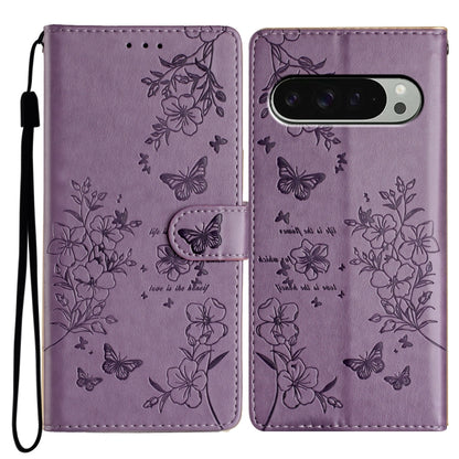For Google Pixel 9 / 9 Pro Butterflies and Flowers Leather Phone Case(Purple) by buy2fix