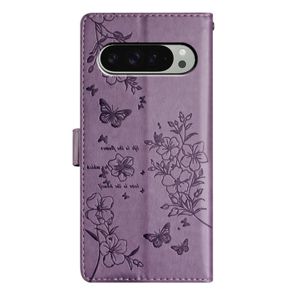 For Google Pixel 9 / 9 Pro Butterflies and Flowers Leather Phone Case(Purple) by buy2fix