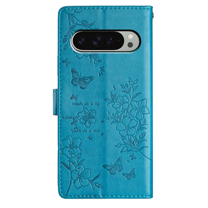 For Google Pixel 9 / 9 Pro Butterflies and Flowers Leather Phone Case(Blue) by buy2fix