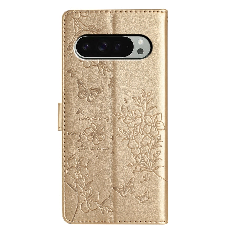 For Google Pixel 9 Pro XL Butterflies and Flowers Leather Phone Case(Gold) by buy2fix
