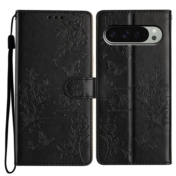 For Google Pixel 9 Pro XL Butterflies and Flowers Leather Phone Case(Black) by buy2fix