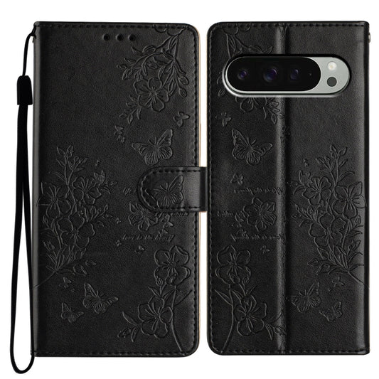 For Google Pixel 9 Pro XL Butterflies and Flowers Leather Phone Case(Black) by buy2fix