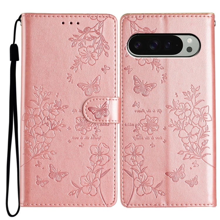 For Google Pixel 9 Pro XL Butterflies and Flowers Leather Phone Case(Rose Gold) by buy2fix