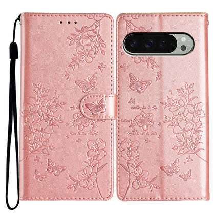 For Google Pixel 9 Pro XL Butterflies and Flowers Leather Phone Case(Rose Gold) by buy2fix