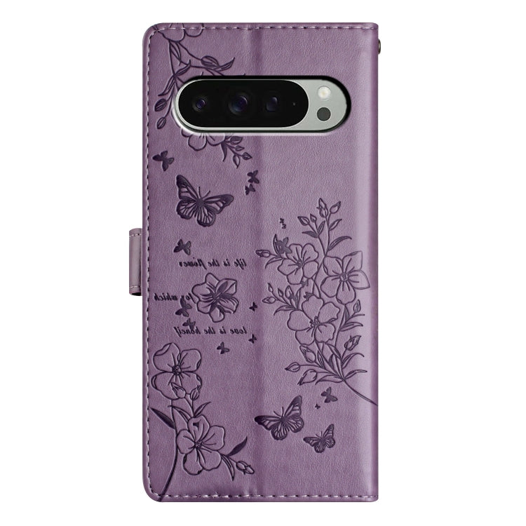 For Google Pixel 9 Pro XL Butterflies and Flowers Leather Phone Case(Purple) by buy2fix