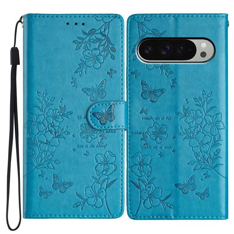For Google Pixel 9 Pro XL Butterflies and Flowers Leather Phone Case(Blue) by buy2fix