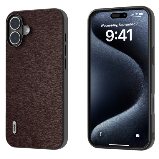 For iPhone 16 Plus ABEEL Black Frame Genuine Leather Elegant Phone Case(Coffee)