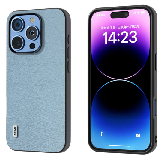 For iPhone 16 Pro Max ABEEL Black Frame Genuine Leather Elegant Phone Case(Sky Blue)