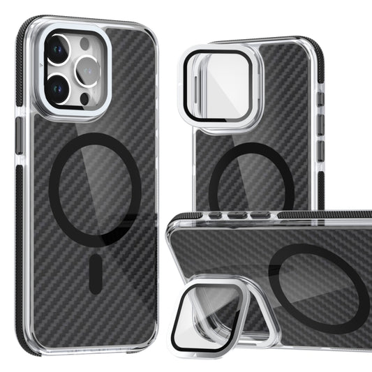 For iPhone 13 Pro Max Magsafe Dual-Color Carbon Fiber Lens Film Phone Case with Lens Fold Holder(Black) by buy2fix